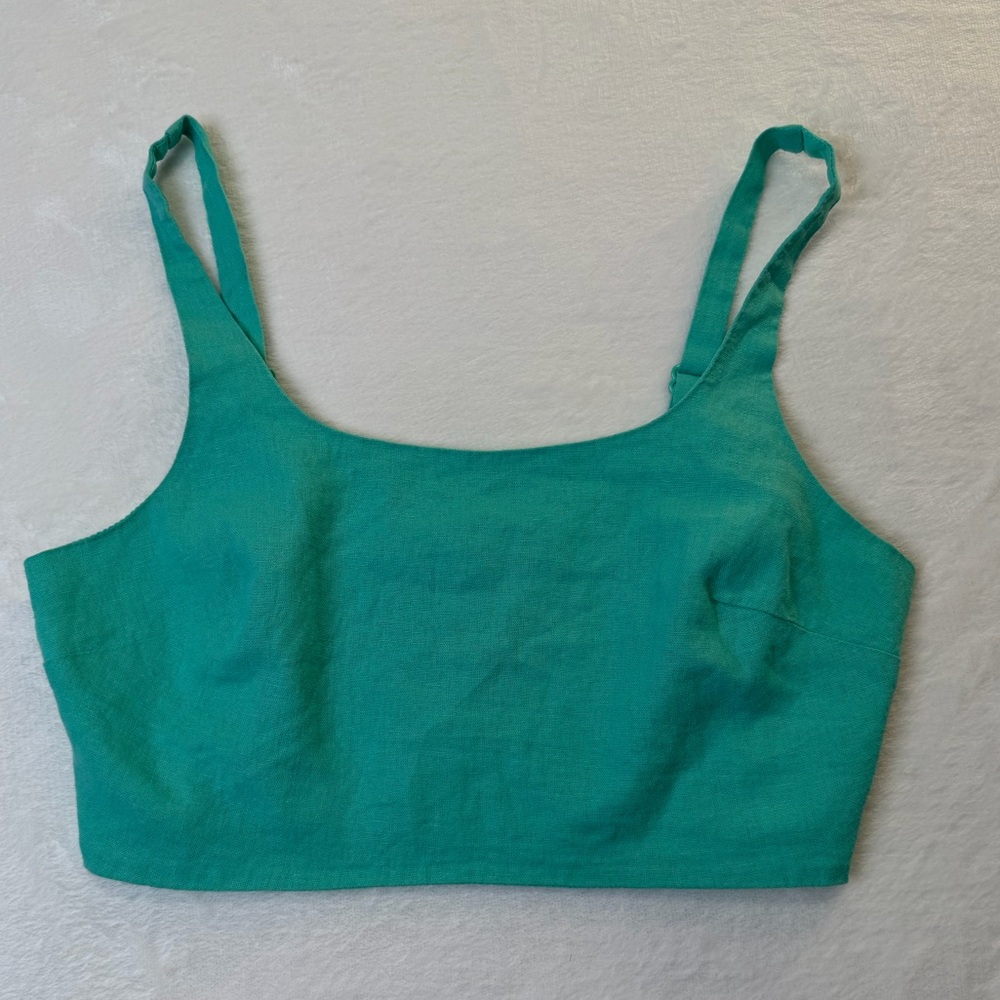 House of Harlow 1960 Linen Blend Crop Tank Top Smocked Back Green S